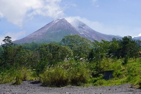  Mount Merapi volcano peak on java island with landscape Photos
