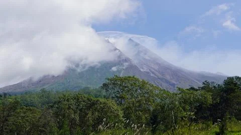  Mount Merapi volcano peak on java island with landscape Photos