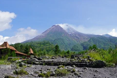  Mount Merapi volcano peak on java island with landscape Stock Photos