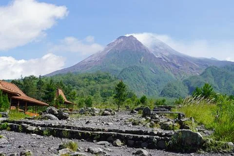  Mount Merapi volcano peak on java island with landscape Stock Photos