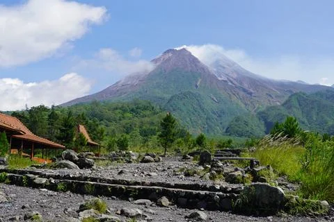  Mount Merapi volcano peak on java island with landscape Photos