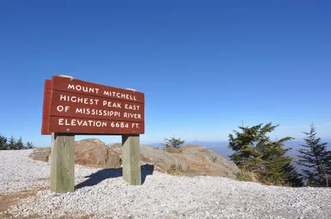 Mount Mitchell sign marking the highest peak Stock Photos