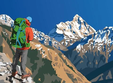 Mount Nanda Devi vector illustration with hiker Stock Illustration