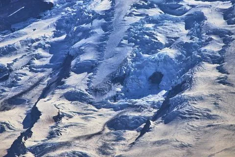Mount Rainier Glacier Texture and Crevasse Detail in Sunrise Region Stock Photos