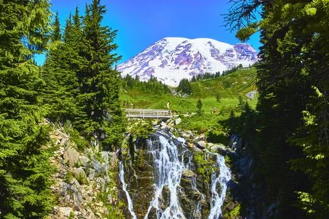 Mount Rainier Myrtle Falls Waterfall and Wooden Bridge in Summer Washington Stock Photos