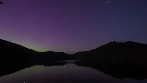 Mount Rainier Reflected in Lake with Northern Lights and Starry Sky Stock Footage 276394555