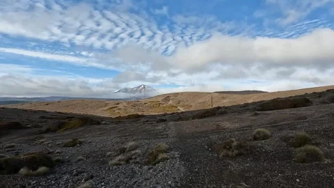 Mount Ruapehu: Panoramic view on Snow-Capped Stratovolcano Amid Volcanic La.. Stock Footage 285354347