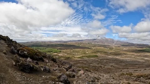 Mount Ruapehu: Panoramic view on Snow-Capped Stratovolcano Amid Volcanic La.. Stock Footage 285354429