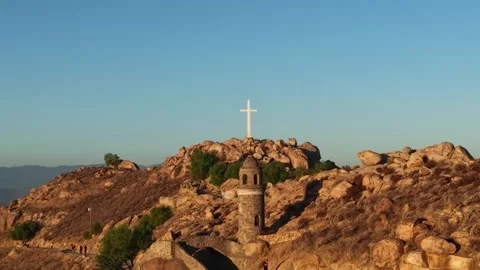 Mount Rubidoux Summit Cross and Peace Tower High above Riverside California Stock Footage 345695311