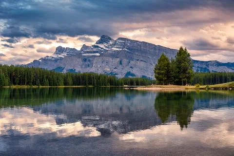 Mount Rundle reflection on Two Jack Lake in evening at Banff national park Stock Photos