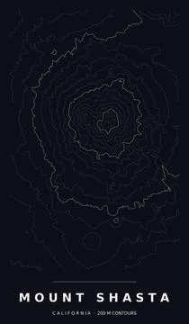 Mount Shasta Topographic Contour Map, White Lines on Black, Editable Vector Stock Illustration