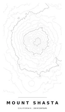Mount Shasta Topographic Contour Map, Black Lines on White, Editable Vector Stock Illustration