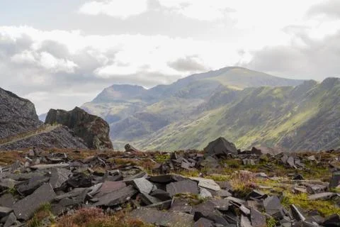 Mount Snowdon, with slate in foreground. Stock Photos