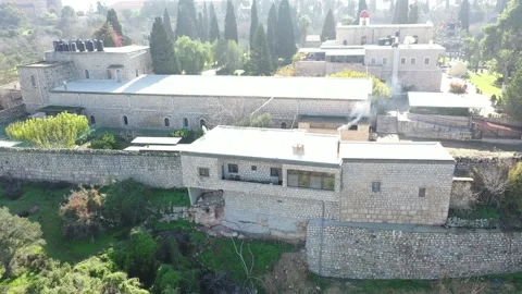 Mount Tabor, Israel: The Monastery of the Transfiguration. Aerial Shot Stock Footage 146276189