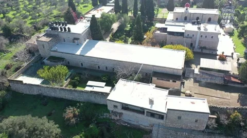 Mount Tabor, Israel: The Monastery of the Transfiguration. Aerial Shot Stock Footage 146278406