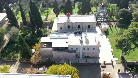 Mount Tabor, Israel: The Monastery of the Transfiguration. Aerial Shot Video stock 146283376