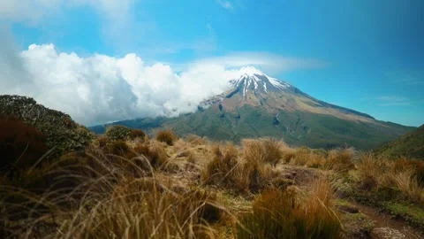 Mount Taranaki with grass blowing in the wind Stock Footage 260368363