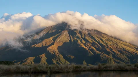 Mount Taranaki Rolling Clouds Sunset Timelapse Video stock 158084810
