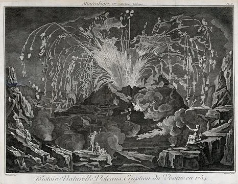 Mount Vesuvius erupting dramatically in 1754, with three spectators looking.. Illustrazione stock