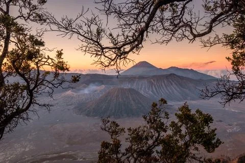 Mount volcano an active with tree frame at sunrise Stock Photos