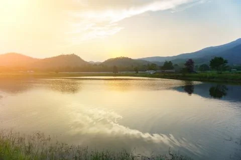 Mount Warning river sugar cane and sun Stock Photos