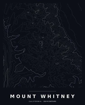 Mount Whitney Topographic Contour Map, White Lines on Black, Editable Vector Stock Illustration