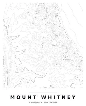 Mount Whitney Topographic Contour Map, Black Lines on White, Editable Vector Stock Illustration