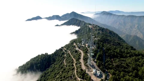 Mount Wilson Antenna Ridge Above Clouds, 4K Wide Flyover Stock Footage 153052203