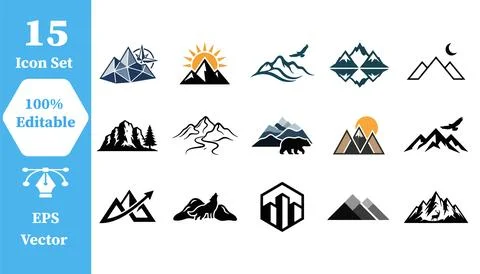 Mountain adventure logo icon set for outdoor branding with mountain, landscap Stock Illustration