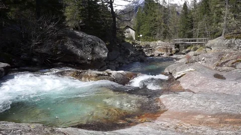 Mountain alpine river in Macugnaga, near Monte Rosa Alps Stock Footage 128403015