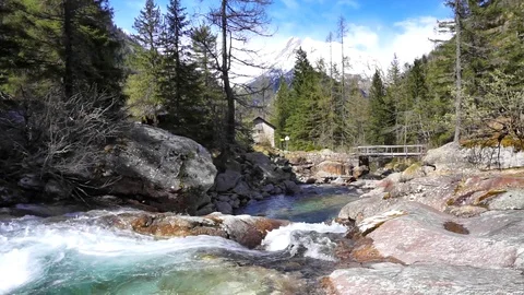 Mountain alpine river in Macugnaga, near Monte Rosa Alps Stock Footage 128403022