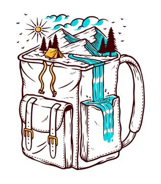 Mountain and bag vector illustration hand drawn Stock Illustration