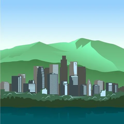 Mountain and city skyline with reflection Stock Illustration