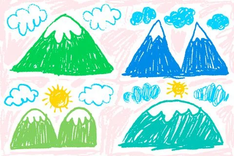 Mountain and Cloud Picture Drawn by Child's Hand Stock Illustration
