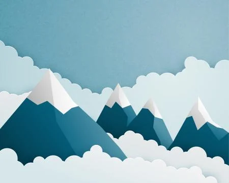 Mountain and cloud scene in paper cut style. Nature landscape clouds and sky  Stock Illustration