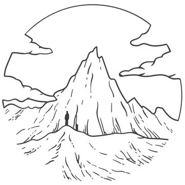 Mountain and clouds inscribed in a circle. Stock Illustration