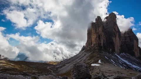 Mountain and Clouds in Tre Cime di Lavaredo, Dolomites, Alps, Italy Stock Footage 138892200