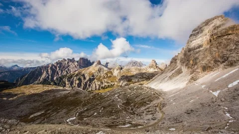 Mountain and clouds in Tre Cime di Lavaredo, Dolomites, Alps, Italy Stock Footage 138892275