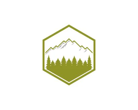 Mountain and forest in the hexagon shape logo Stock Illustration