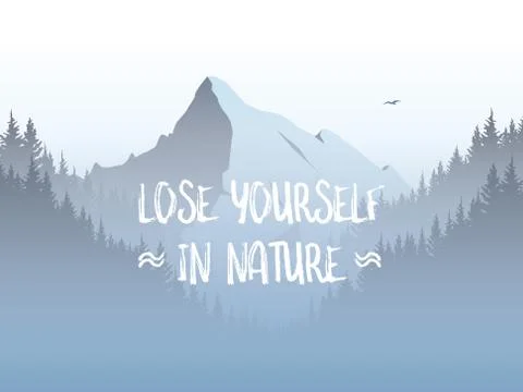 Mountain and forest landscape vector illustration with foggy, haze mountains Stock Illustration