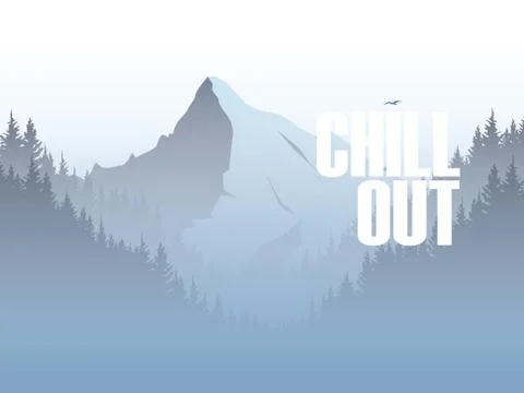 Mountain and forest landscape vector illustration with foggy, haze mountains Stock Illustration