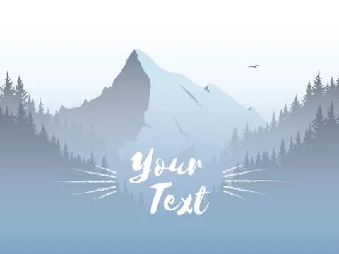 Mountain and forest landscape vector illustration with foggy, haze mountains Stock Illustration