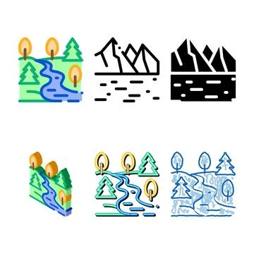 Mountain and forest terrain types icon vector outline Stock Illustration