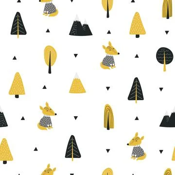 Mountain and fox seamless pattern. Modern design. Vector illustration. 库存插图