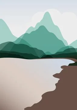 Mountain and lake landscape gradient illustration poster. Asian mountains Stock Illustration
