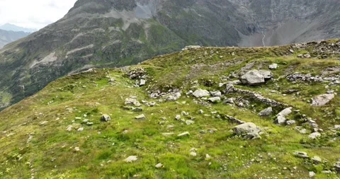 Mountain and meadow landscape, alp, alpine high view from the sky. Flying over Stock Footage 229602853