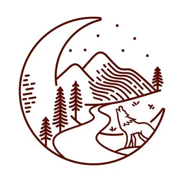 Mountain and moon night vector line illustration Stock Illustration