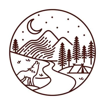 Mountain and moon night vector line illustration Stock Illustration