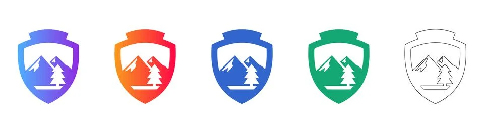 Mountain and Pine Tree Shield Emblem Vector Set 스톡 일러스트