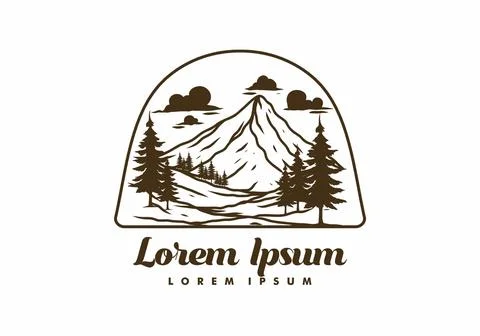 Mountain and pine trees line art illustration Stock Illustration